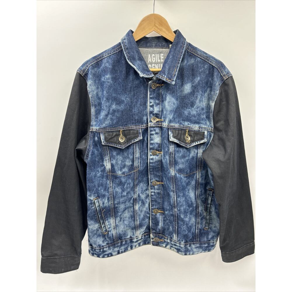 Agile Jacket Mens Large Blue Black Denim Jean Distressed Washed Jacket